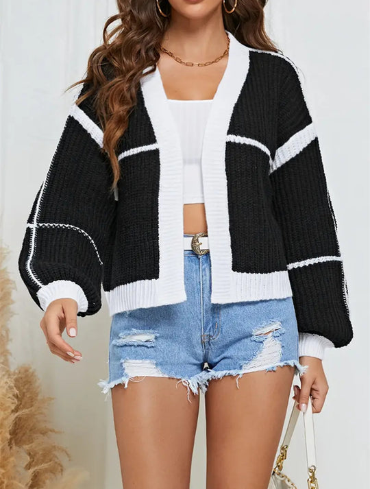 Damen Cropped Offene Strickjacke mit Boxy‑Silhouette und Ballonärmeln EB