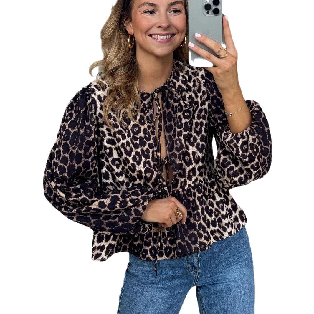 Damen Bluse mit Leopardenprint, Bindebändern und Ballonärmeln EB