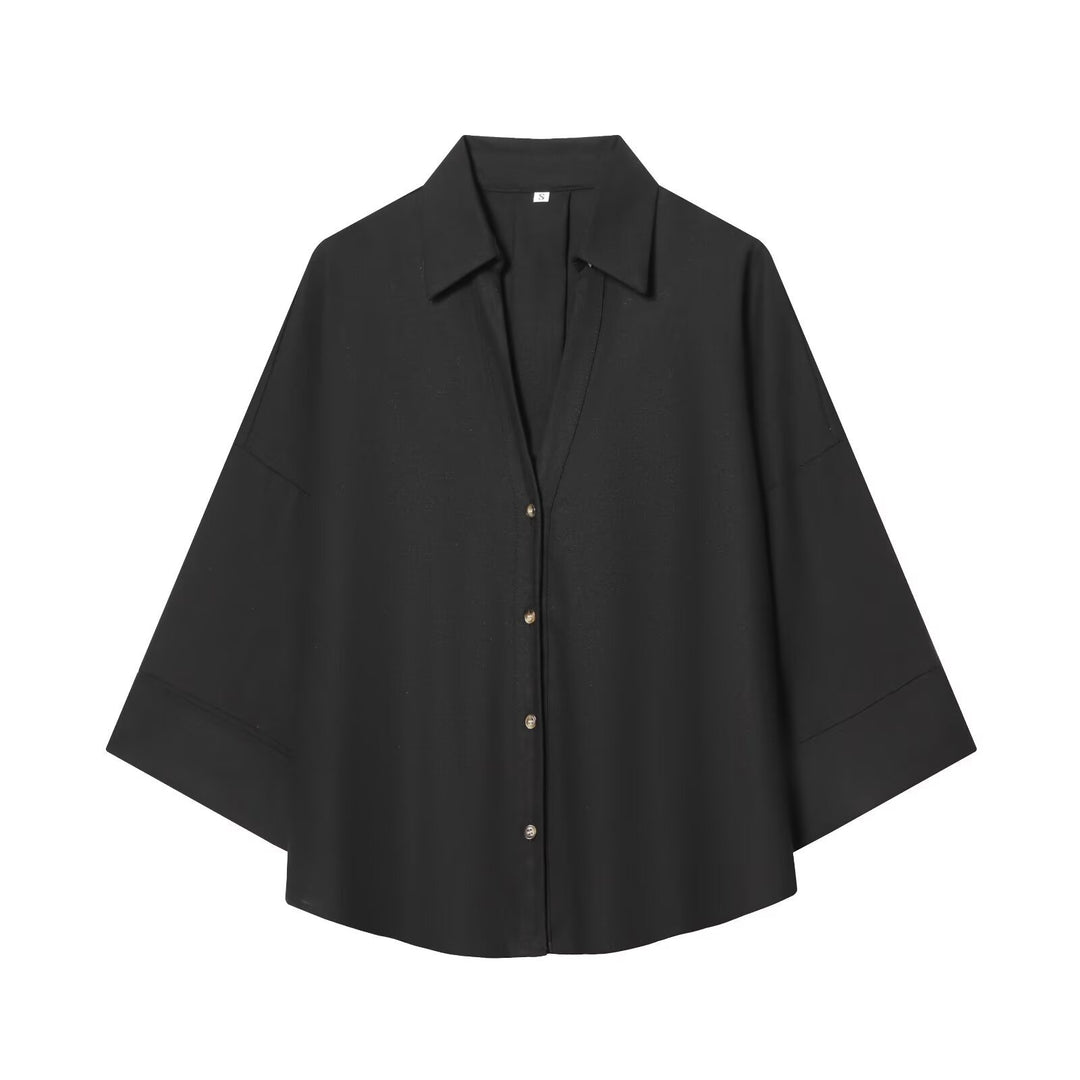 Damen nan lockere oversized Hemdbluse mit weitem Kragen und Dreiviertelärmeln EB