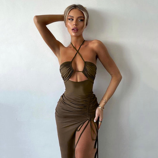 Damen Cut-Out Maxikleid mit raffiniertem Wickeldetail und verführerischem Schlitz EB
