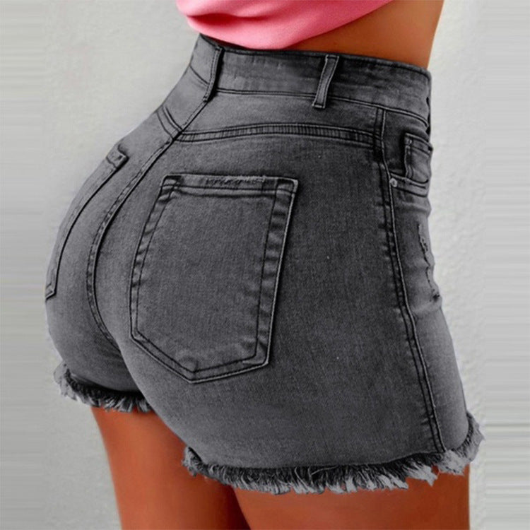 Damen High-Waist Denim-Shorts mit fransigem Saum EB