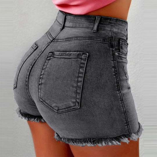Damen High-Waist Denim-Shorts mit fransigem Saum EB