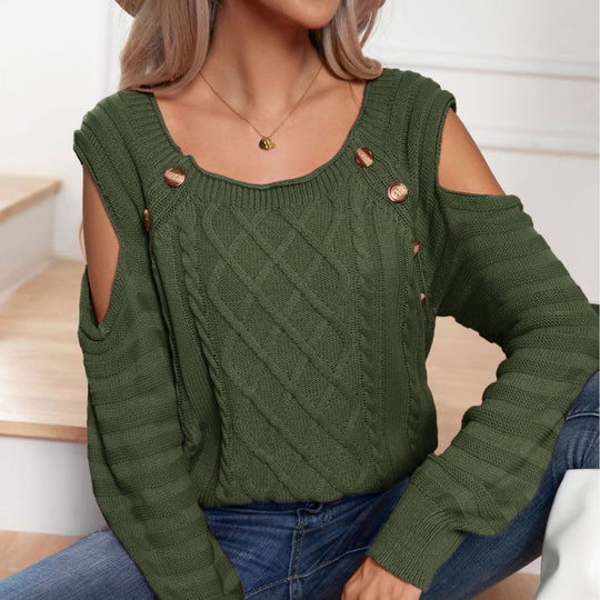 Damen Strickpullover mit offener Schulter und Knopfdetails EB