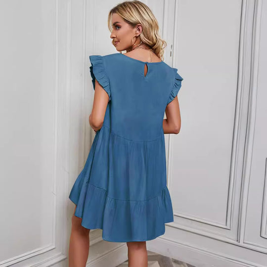 Damen Luftiges Freizeitkleid mit Rüschendetails und schwingendem Rock EB