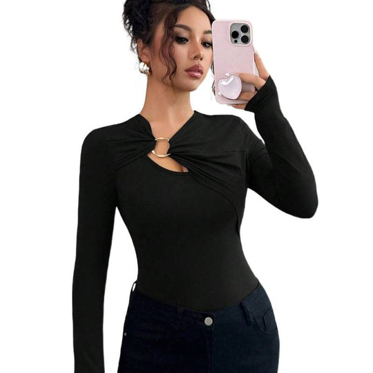 Damen Bodysuit mit dekorativem Ring-Detail und langem Arm EB