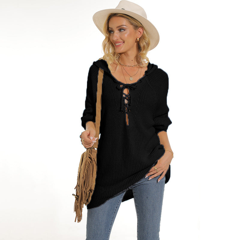 Damen lässiger Strickpullover mit einzigartigem Schnürdesign und lockerer Passform EB
