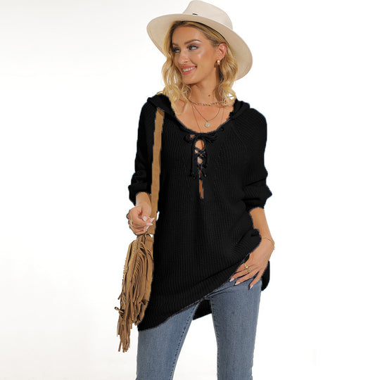 Damen lässiger Strickpullover mit einzigartigem Schnürdesign und lockerer Passform EB