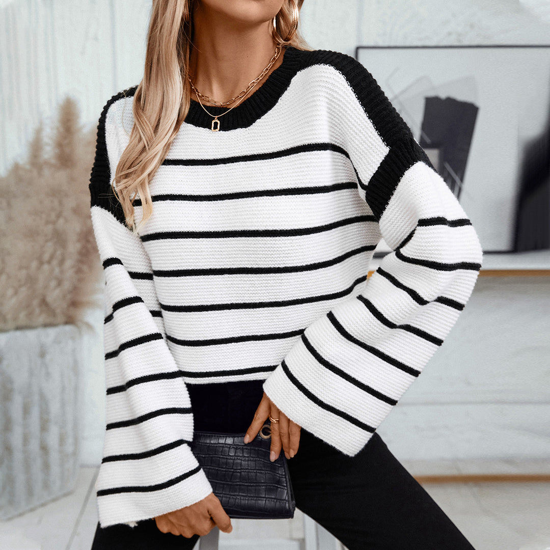 Damen lässiger Strickpullover mit blockierendem Streifenmuster und weitem Schnitt EB