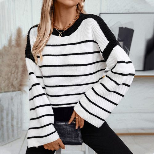 Damen lässiger Strickpullover mit blockierendem Streifenmuster und weitem Schnitt EB