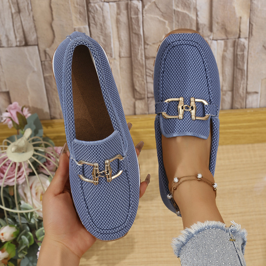 Damen  elegante Slipper Loafer mit gepolsterter Innensohle und dekorativer Metallapplikation EB
