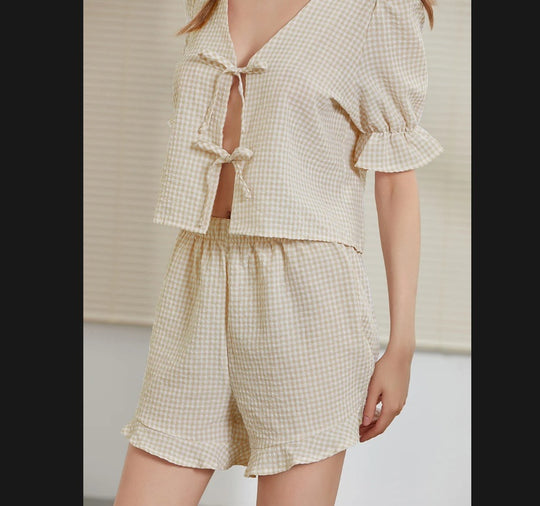 Damen Kurzschlafanzug Set mit Rüschen-Details EB