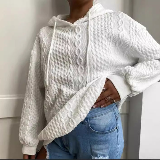 Damen Oversized Strickpullover mit kreativem Kabeleffekt und Kapuze EB