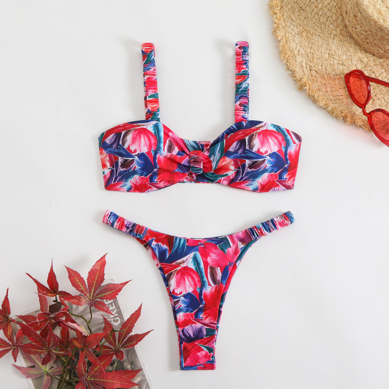 Damen Triangel-Bikini mit tropischem Druck und zarten Rüschen EB