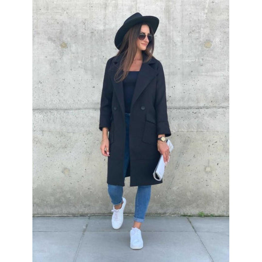 Damen Modischer Longblazer mit tiefem Revers und praktischen Taschen EB