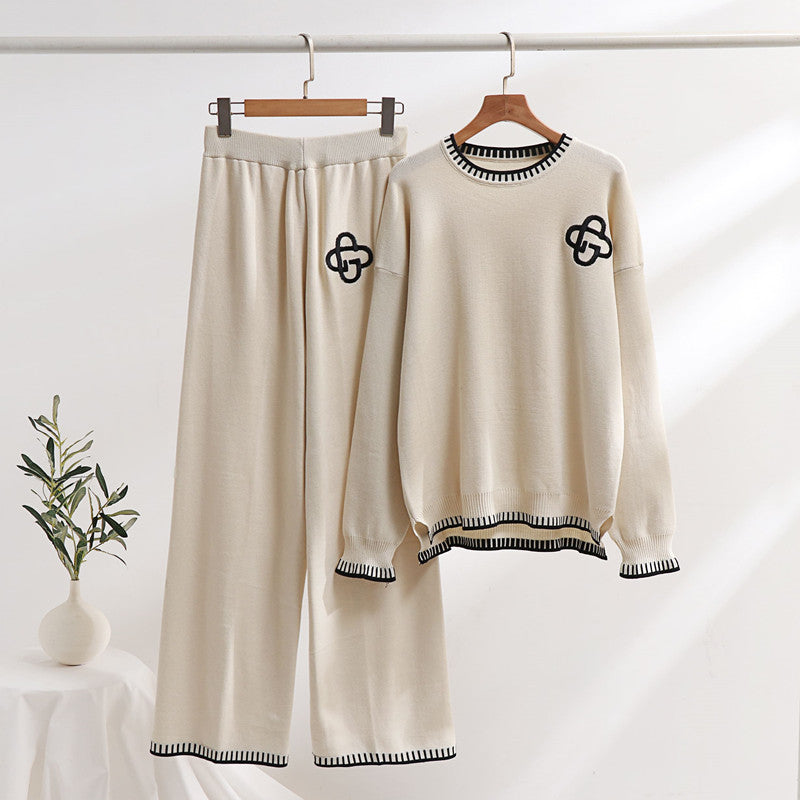 Damen lässiges Strick-Loungewear-Set mit dekorativen Kontrastdetails EB