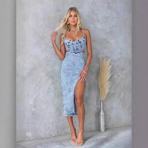 Damen Denim-Cocktailkleid mit Schnittdetails EB