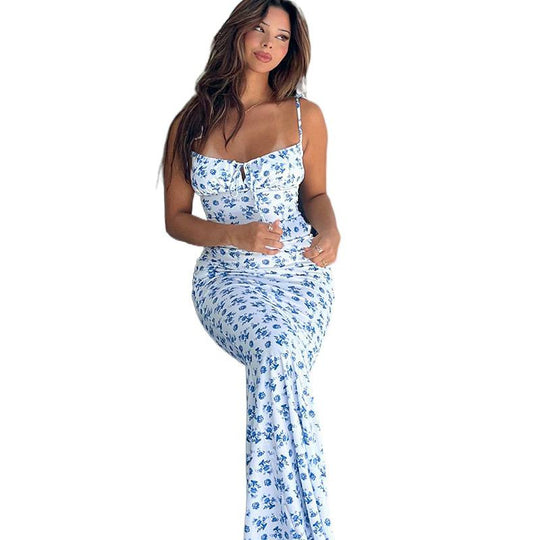 Damen Maxikleid mit Blumenmuster und trägerlosem Design EB