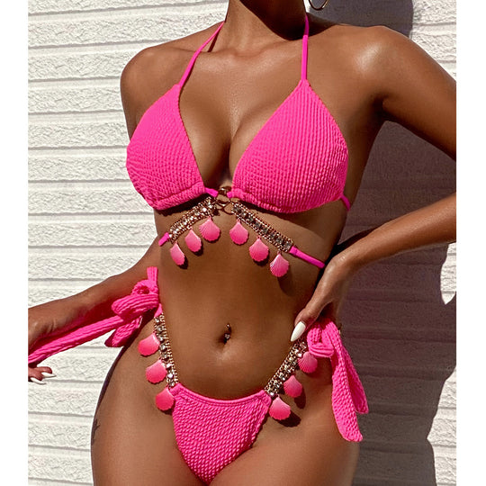 Damen Triangel-Bikini mit dekorativem Quasten-Design EB
