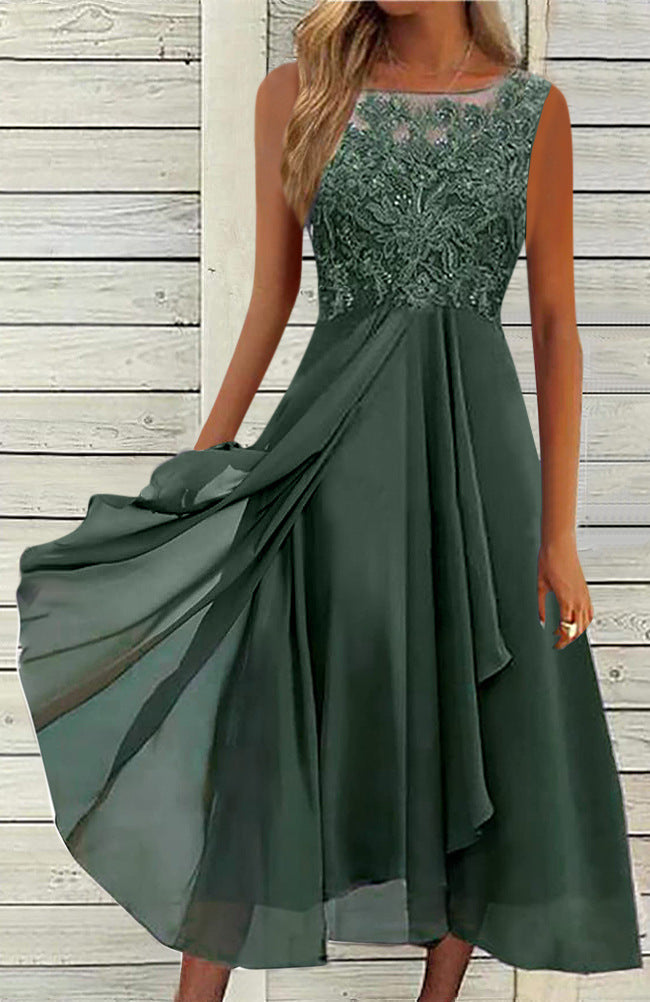 Damen nan ärmelloses Chiffon-Midikleid mit bestickter Illusionsspitze, Schiff-Ausschnitt und mehrlagigem Schwingrock EB
