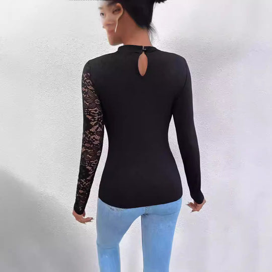 Damen Elegantes Oberteil mit transparenten Spitzenärmeln und asymmetrischem Ausschnitt EB