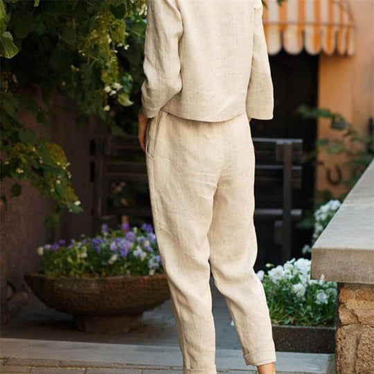 Damen Lässiges Zweiteiliges Leinen-Outfit mit breitem Bund EB