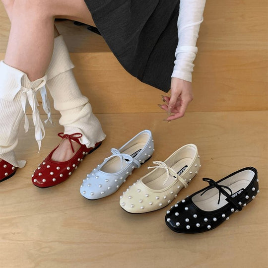 Damen Ballerinas mit dekorativen Perlen und seitlichem Riemchen EB
