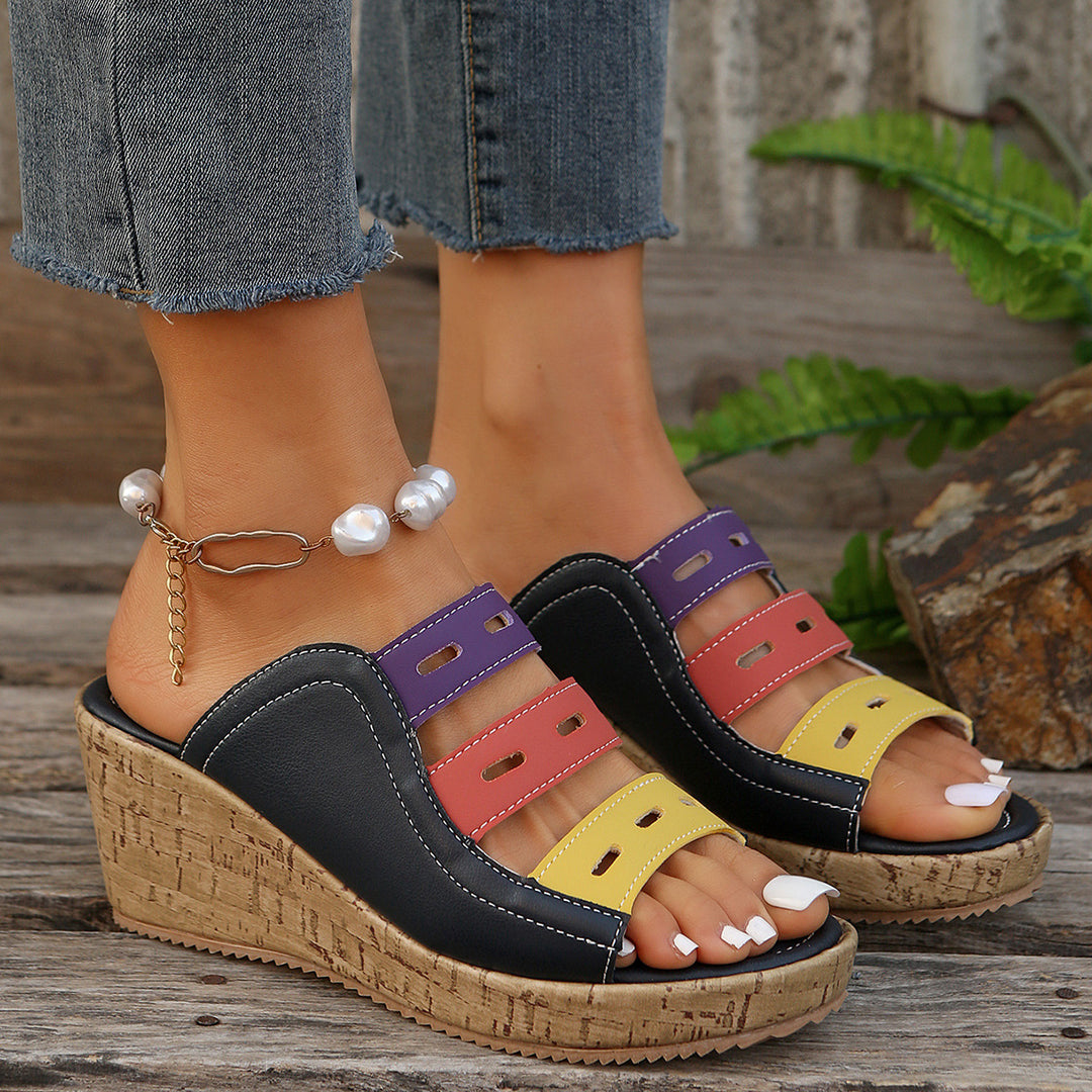 Damen modische Wedge-Pantoletten mit farbigen Trägern und komfortabler Sohle EB