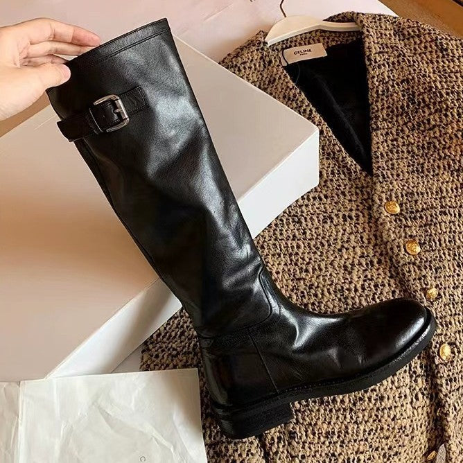 Damen Überknie-Stiefel aus hochwertigem Leder mit robustem Reißverschluss und modischen Schnallen EB