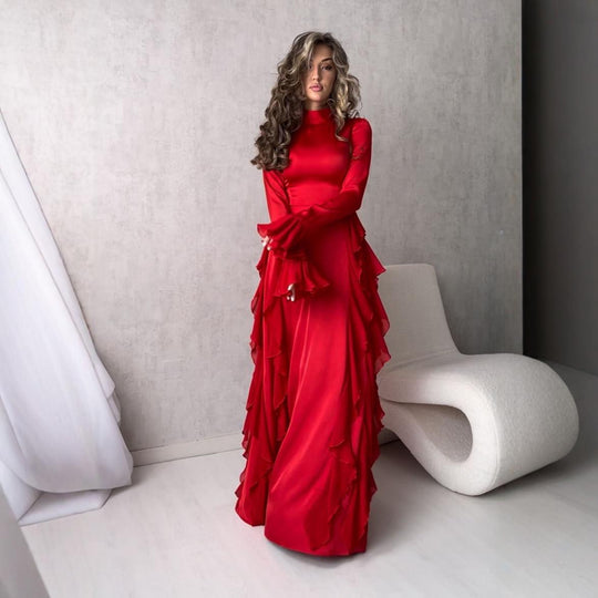 Damen Maxikleid im eleganten Rüschendesign mit Langarm EB