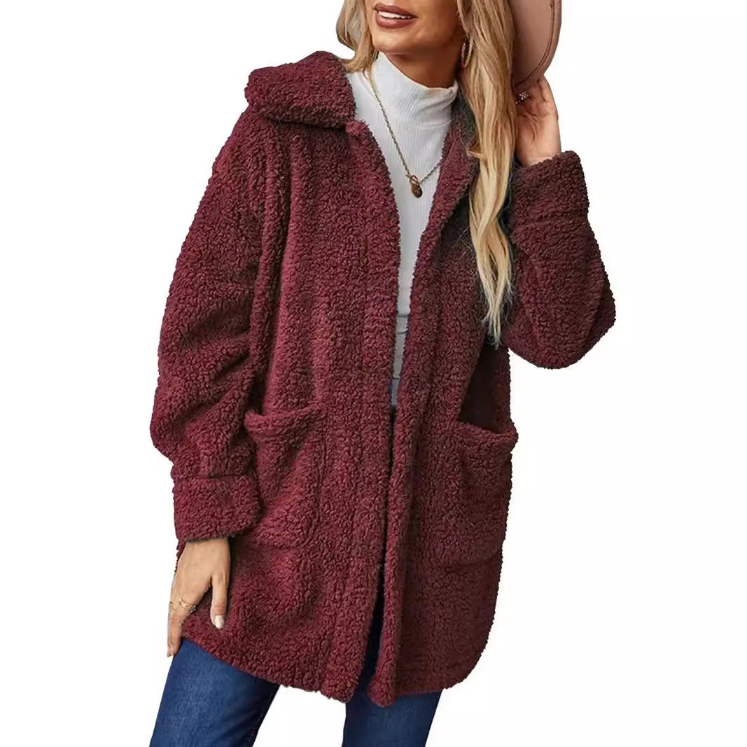 Damen Kuschelige Fleecejacke mit Kapuze und praktischen Taschen EB