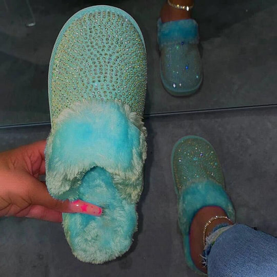 Damen Glamouröse Hausschuhe mit Glitzer und weichem Fell EB