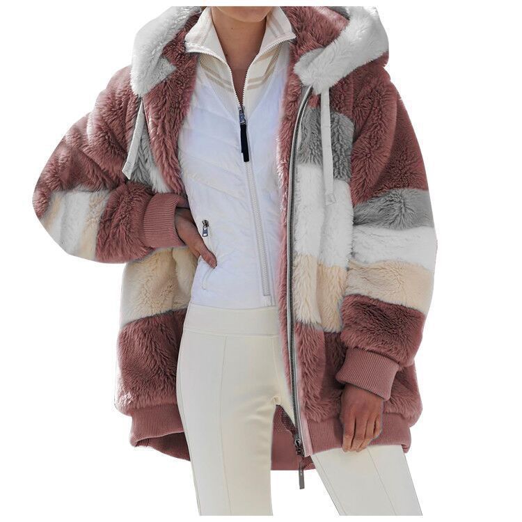 Damen nan oversized Kapuzenjacke aus Kunstfell mit Colourblock-Design, Zweiwege-Reißverschluss und Rippbündchen EB