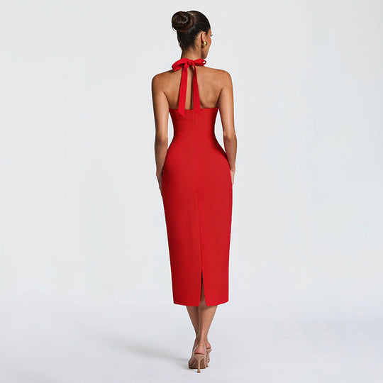 Damen Figurbetontes Midi-Kleid mit Herzausschnitt und verstellbaren Trägern EB