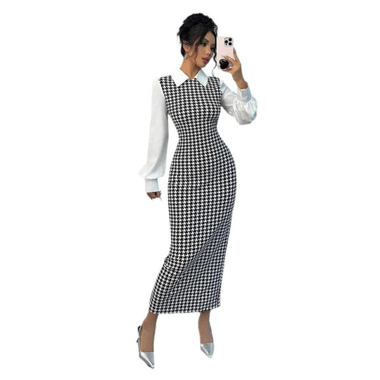 Damen elegantes Midirkleid mit glänzenden Puffärmeln EB