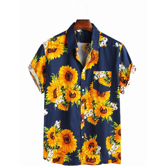 Herren Kurzarmhemd mit farbenfrohem Sonnenblumenmuster und leichtem Baumwollstoff EB