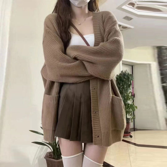 Damen Großer Strickcardigan mit praktischen Taschen und tiefem V-Ausschnitt EB