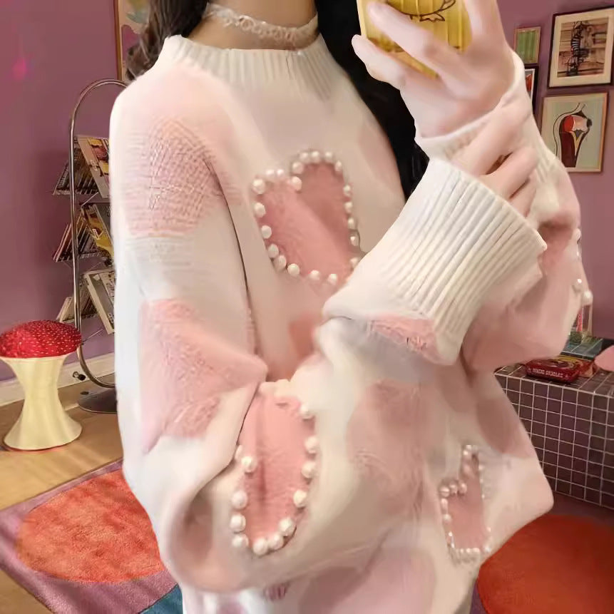 Damen Gemusterter Strickpullover mit Herz-Applikationen und Rippkragen EB