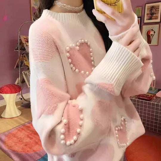 Damen Gemusterter Strickpullover mit Herz-Applikationen und Rippkragen EB