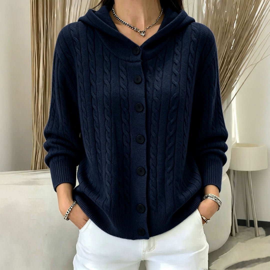 Damen Kapuzen-Cardigan mit Zopfmuster und durchgehender Knopfleiste EB