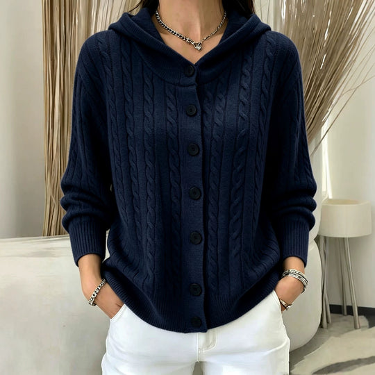 Damen Kapuzen-Cardigan mit Zopfmuster und durchgehender Knopfleiste EB