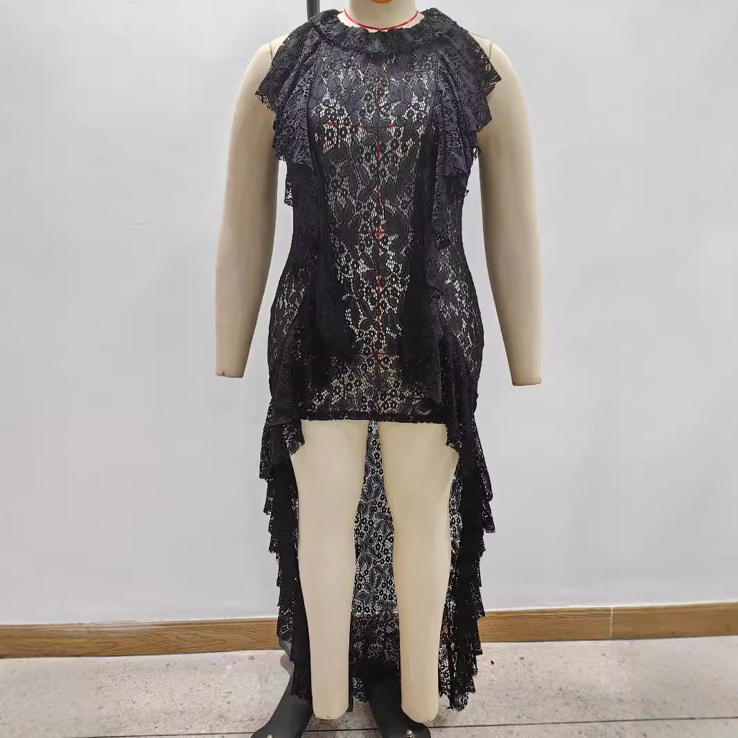 Damen elegantes Spitzenkleid mit Rüschendetails EB