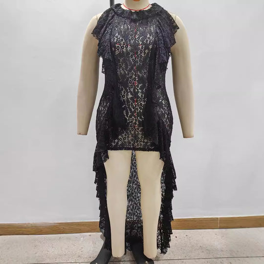 Damen elegantes Spitzenkleid mit Rüschendetails EB