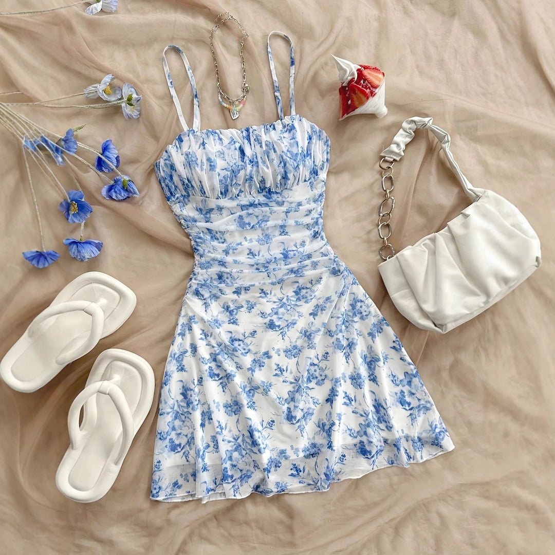 Damen Sommerliches Blumenkleid mit Spaghetti-Trägern und Raffungen EB