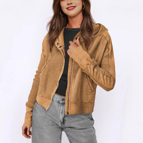 Damen lässige Zip-Jacke mit Kapuze und strukturiertem Design EB