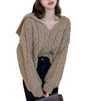 Damen Zopfmuster Pullover mit Kapuze und V-Ausschnitt EB
