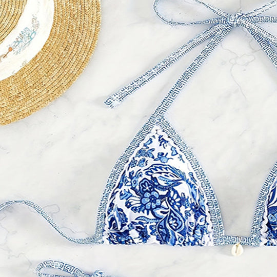 Damen Triangel-Bikini mit romantischem Blumenmuster und verstellbaren Trägern EB