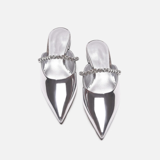 Damen elegante Pantoletten mit glitzerndem Riemen und spitz zulaufender Form EB