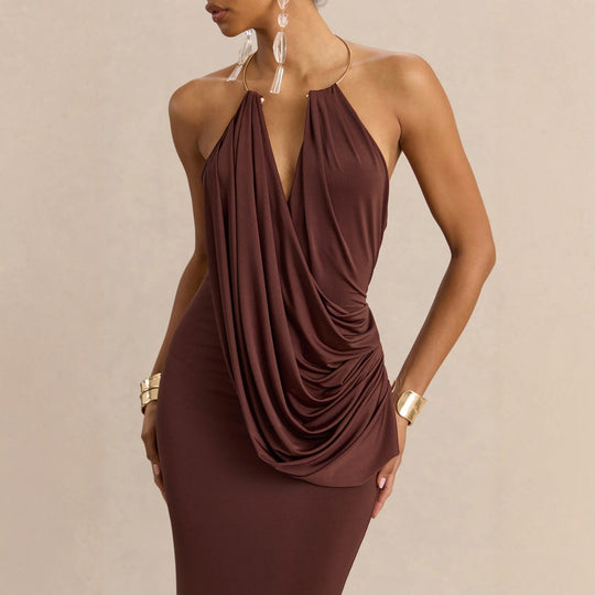 Damen Raffiniertes Maxikleid mit tiefem V-Ausschnitt und Drapierung EB