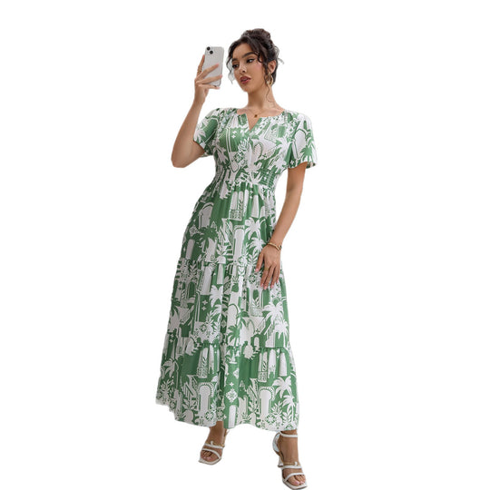 Damen Maxikleid mit tropischem Print und Rüschendetails EB