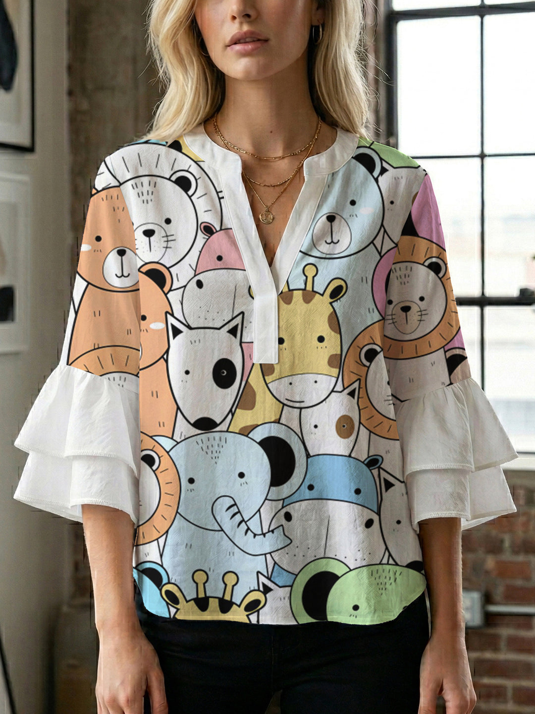 Damen lässige Bluse mit Volantärmeln und botanischem Druck EB